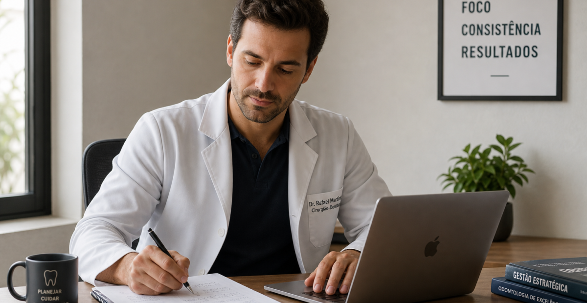 Dentista revisando as finanças da clínica em sala administrativa, com notebook e bloco de anotações