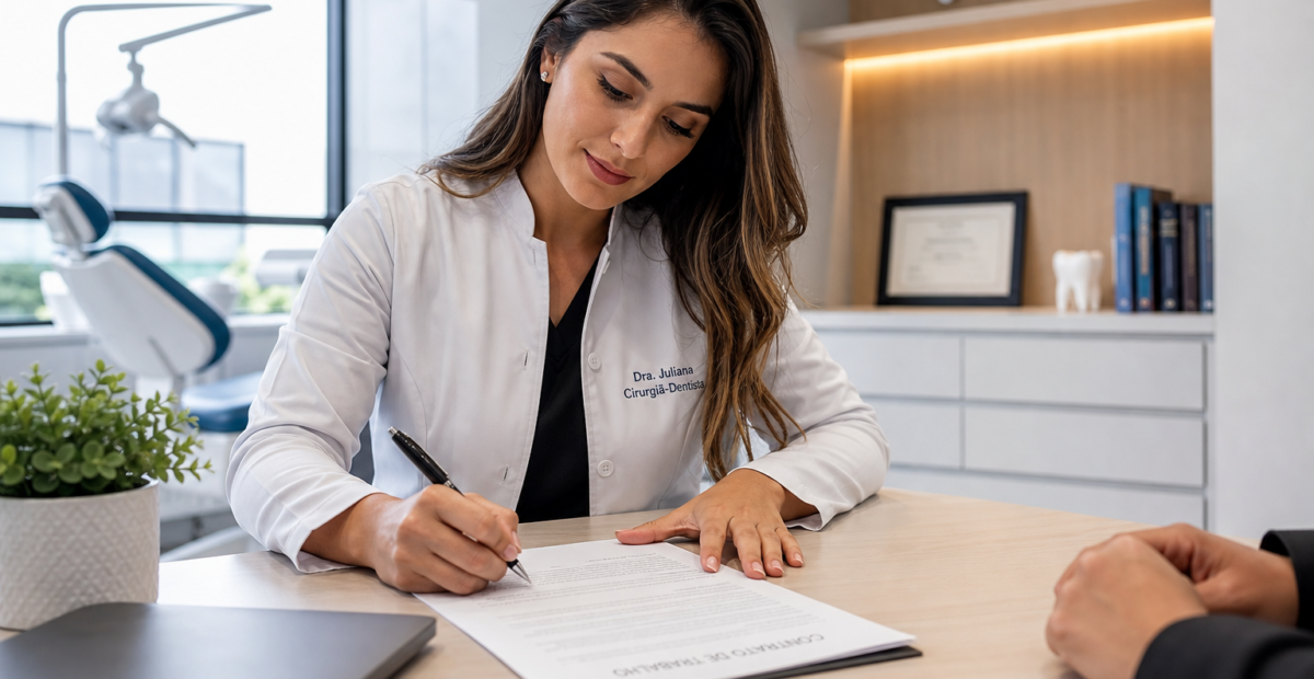 Dentista assinando contrato de trabalho CLT em consultório odontológico