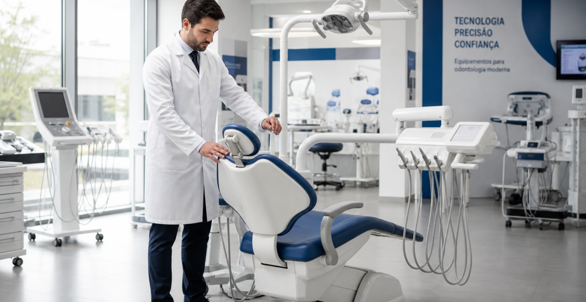 Dentista avaliando equipamentos odontológicos em showroom para montagem de consultório em 2026