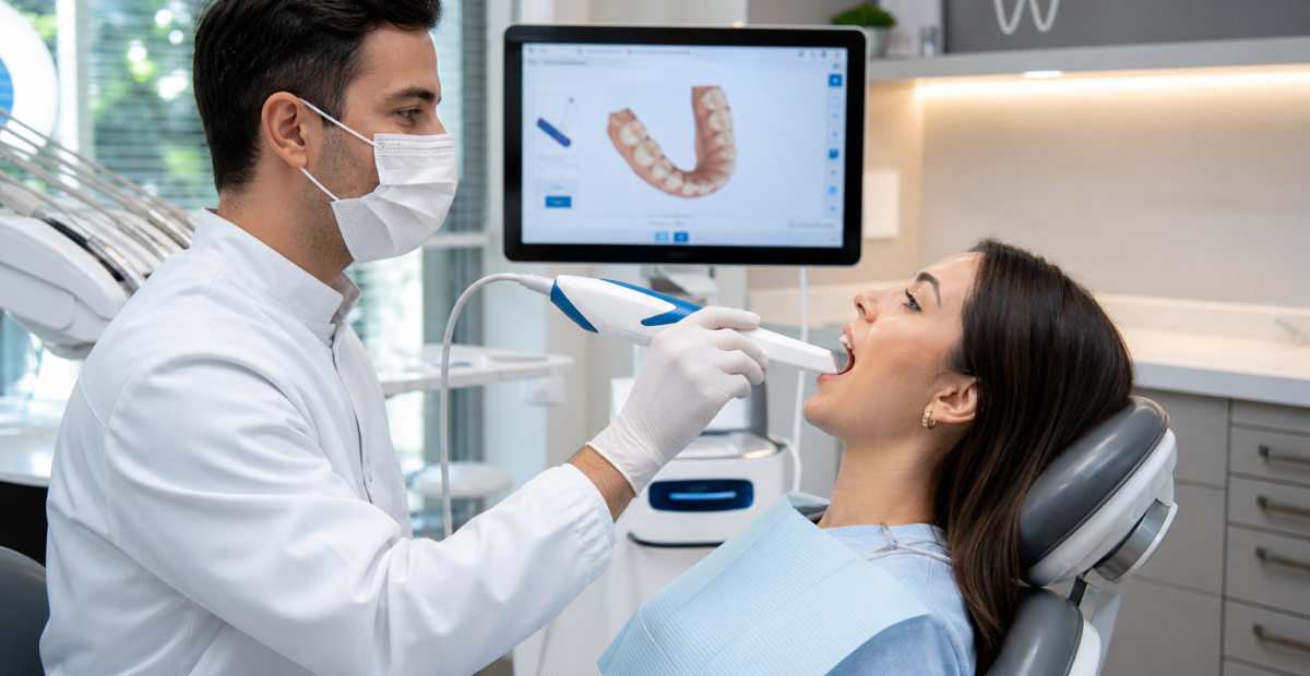 Dentista usando scanner intraoral digital em paciente no consultório odontológico