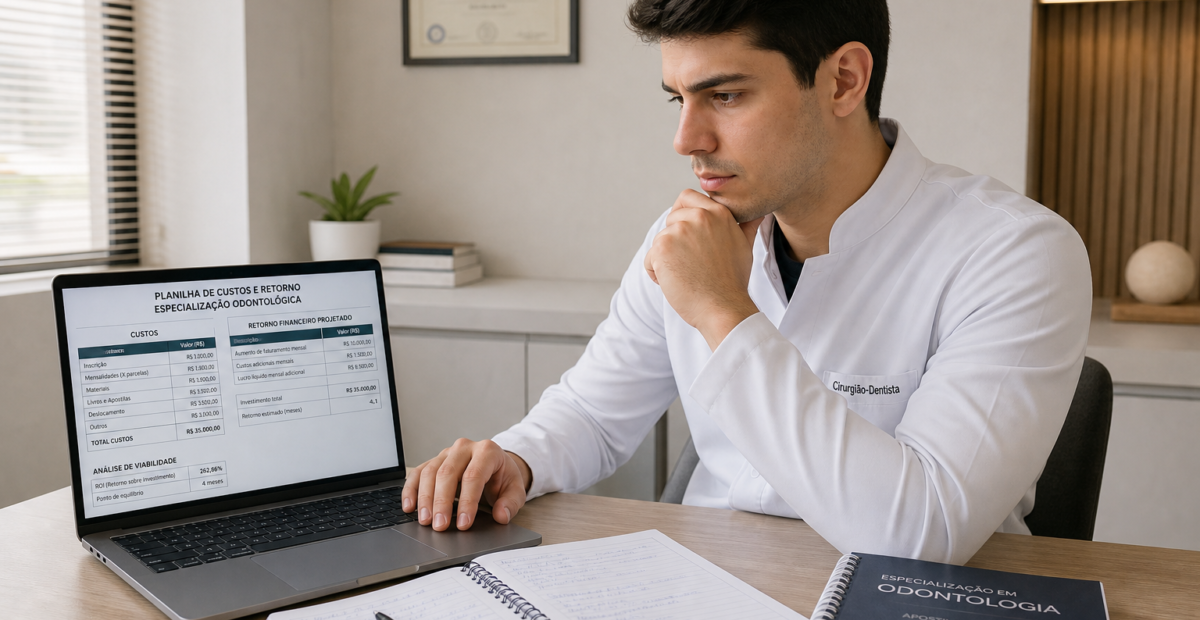 dentista analisando o ROI da especialização odontológica com planilha de custos