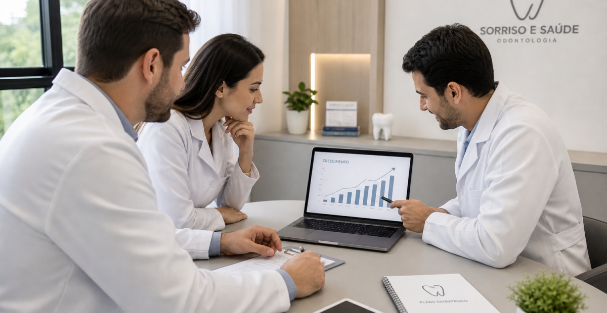 Dentistas em reunião de gestão de clínica odontológica analisando crescimento dos planos odontológicos em 2026
