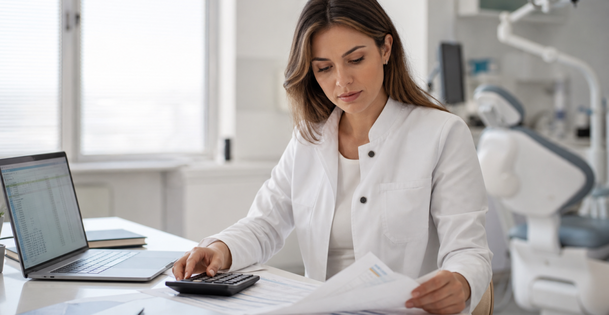 Dentista analisando documentos de imposto e calculadora no consultório, representando o planejamento tributário da clínica