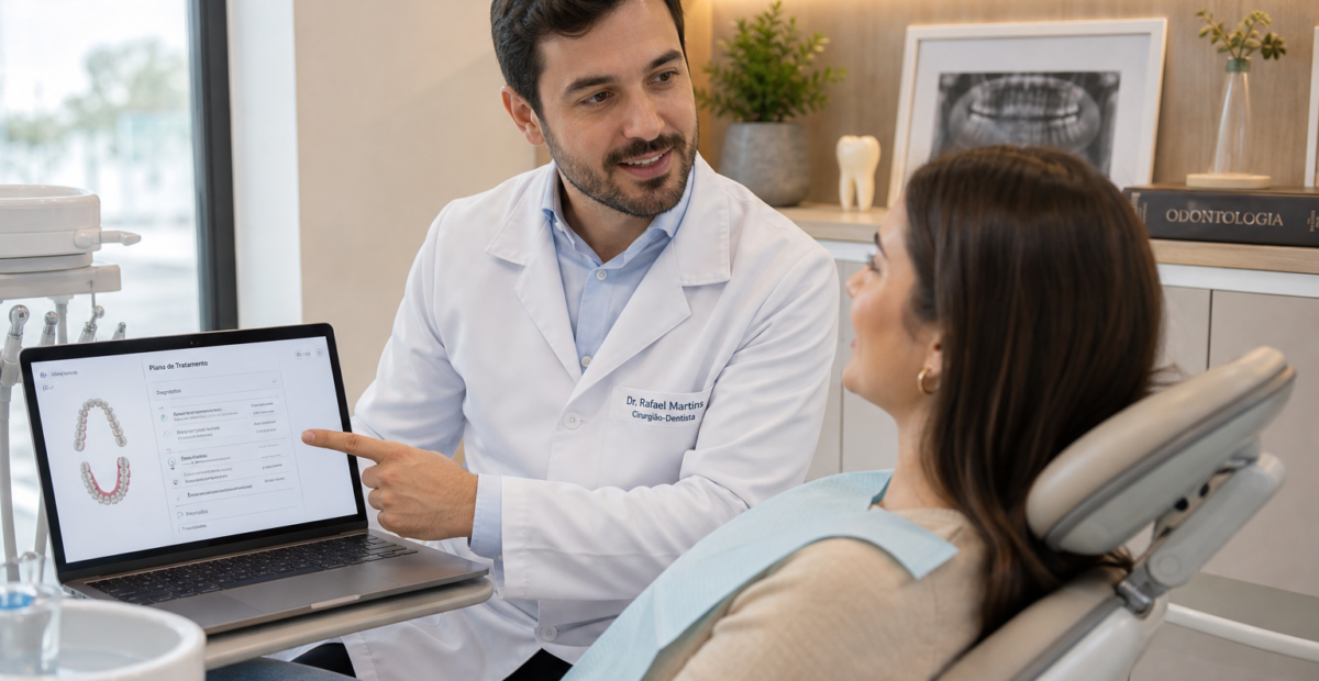 Dentista explicando plano de tratamento para paciente particular no consultório odontológico