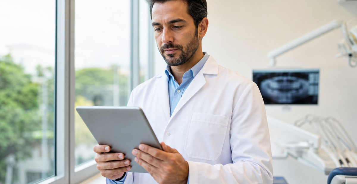 Dentista usando tablet para teleconsulta após regulamentação da teleodontologia pela Resolução CFO 278/2025