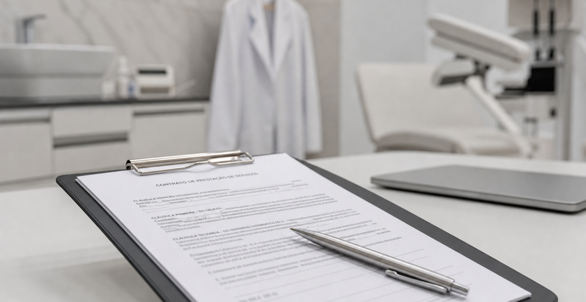 Documentos contratuais representando o novo piso salarial aprovado pelo Senado para dentistas em 2026