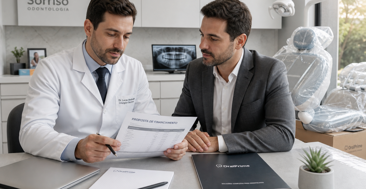 Dentista analisando proposta de financiamento de equipamento odontológico com representante, cadeira nova ao fundo do consultório