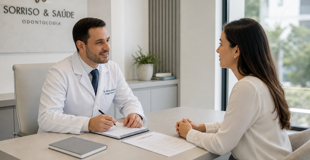 Dentista entrevistando candidata a recepcionista em clínica odontológica, ilustrando a decisão de contratar funcionário CLT e seu efeito no Fator R