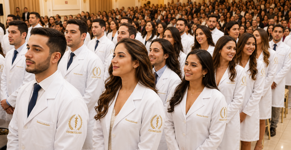 Turma grande de recém-formados em odontologia de jaleco branco em cerimônia de formatura