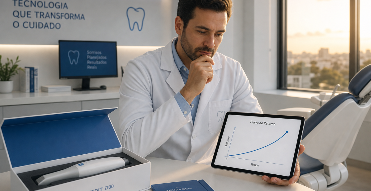 Dentista avaliando o retorno de um novo scanner intraoral com gráfico de ROI no tablet, no próprio consultório
