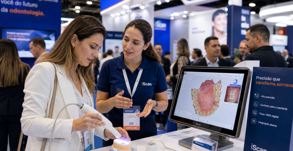 Dentista testando scanner intraoral em estande do congresso CIPRO 2026
