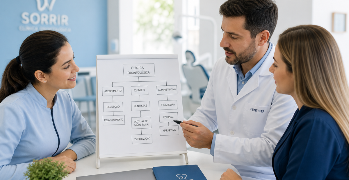 Dentista organizando o organograma da equipe da clínica odontológica com auxiliar e recepcionista