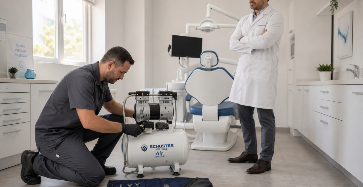 Técnico realizando manutenção preventiva de equipamentos odontológicos no compressor, acompanhado pelo dentista