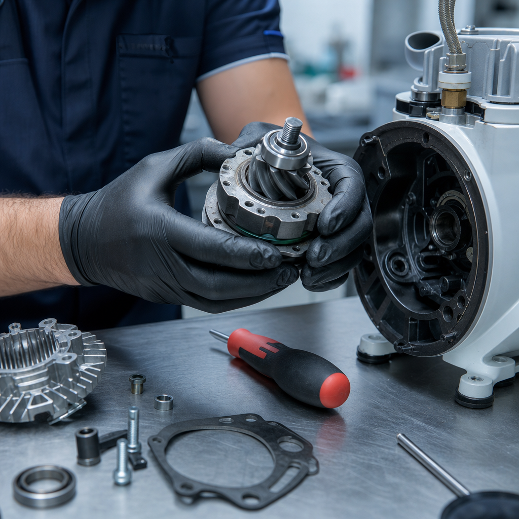 Técnico inspecionando peça de desgaste do compressor durante manutenção preventiva de equipamentos odontológicos